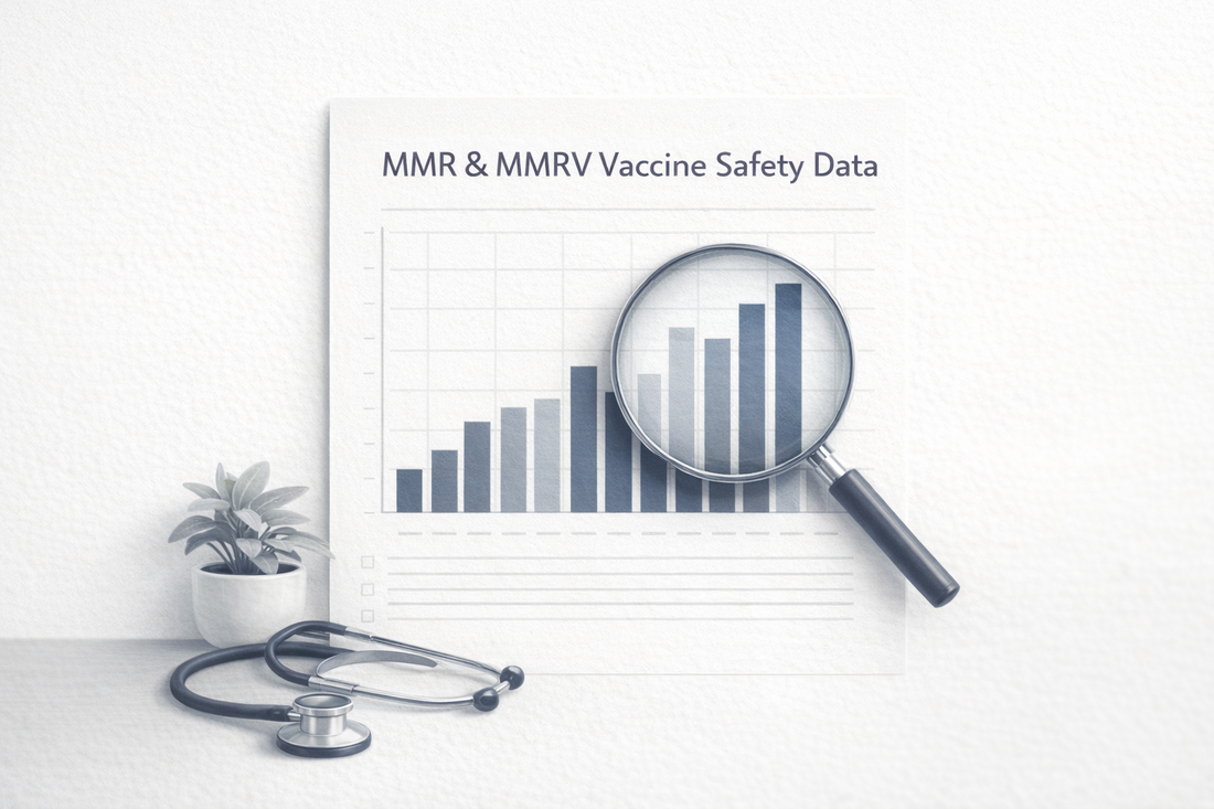 Educational infographic for the Kids First 4Ever blog post on MMR and MMRV vaccine safety data.
