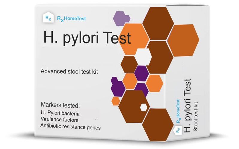 Alt text: H. Pylori At-Home Stool Test kit by RxHomeTest — CLIA-certified, physician-reviewed results for Helicobacter pylori bacteria, virulence factors, and antibiotic resistance genes.
